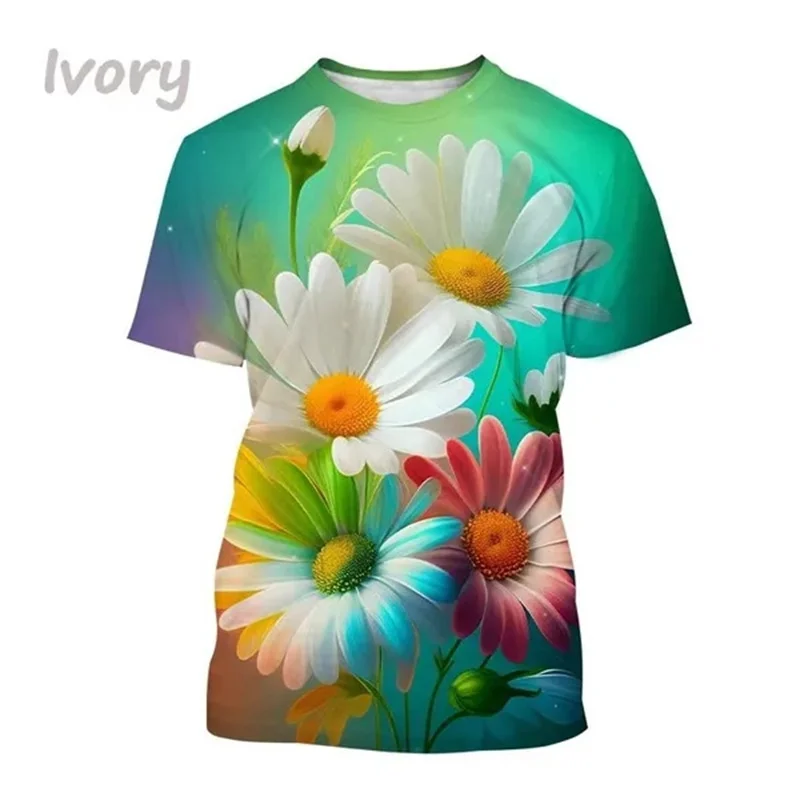 

Hot Selling Daisies 3D Printed T-shirt Colorful Flower Pattern Fashion Short-sleeved Plant Chrysanthemum Casual Tops Men Women