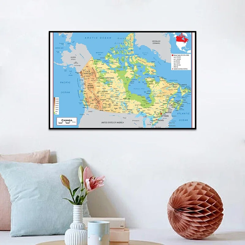 90*60cm The Canada Topographic Map In English Canvas Paintings Posters and Prints Wall Art Pictures Office Class Room Supplies