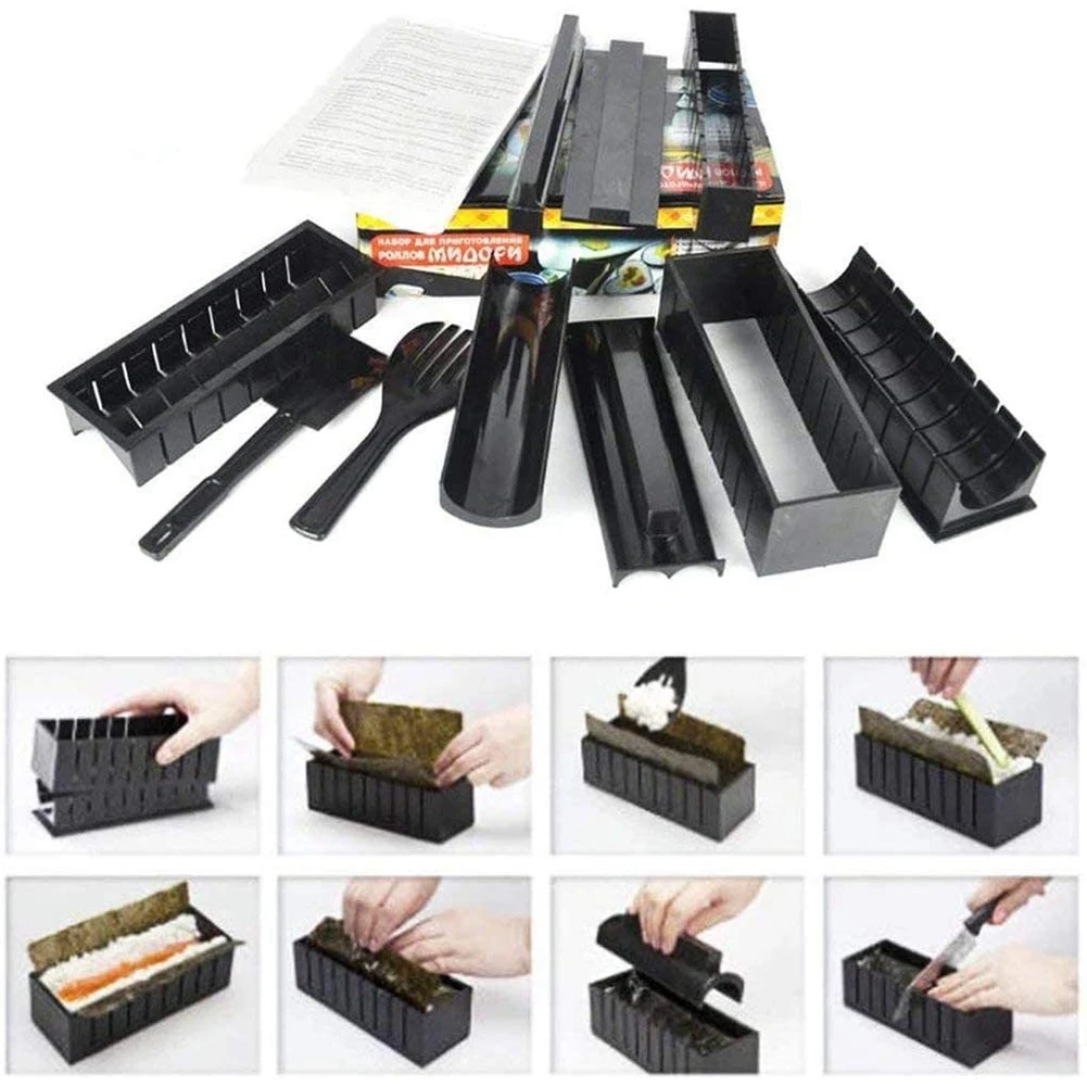10pcs/set DIY Sushi Mould Plastic Japanese Cuisine Maker Tool with Rice Roll Mold Fork Spatula Tools Black for Cooking Picnics