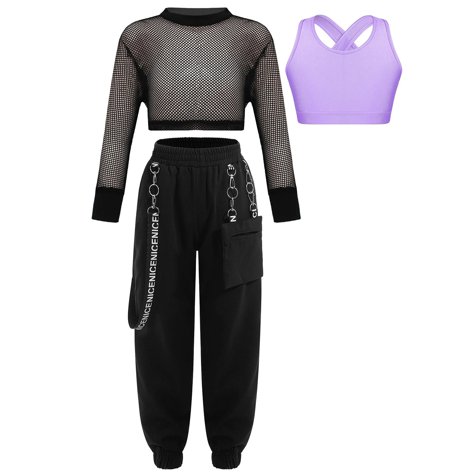 Kinder Mädchen Hip-Hop Jazz Tanz Performance Outfits: Rückenfreies Top mit Cargo-Hose und Mesh Langarm Crop Top Tanzkleidung – Detail 27