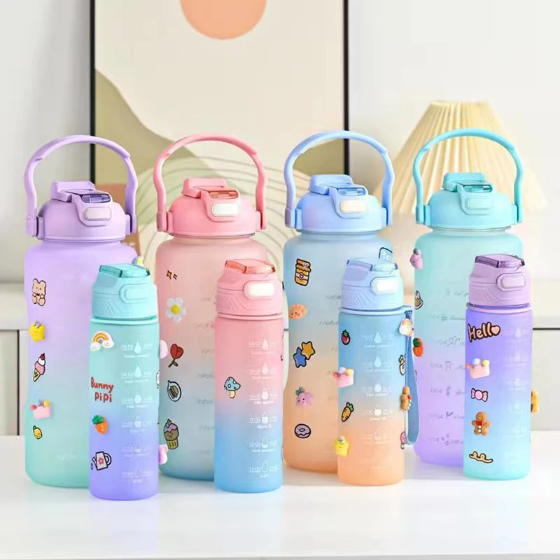 2l Plastic water bottle with straw Gradual Change Double Drink Set