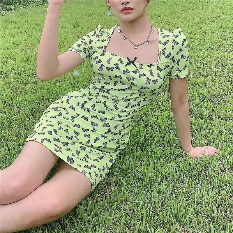 

Sweet Butterfly Print Dress with Bandage 2024 Women Summer Square Collar Short Sleeve Strawberry Dress Cottagecore Cute Clothing