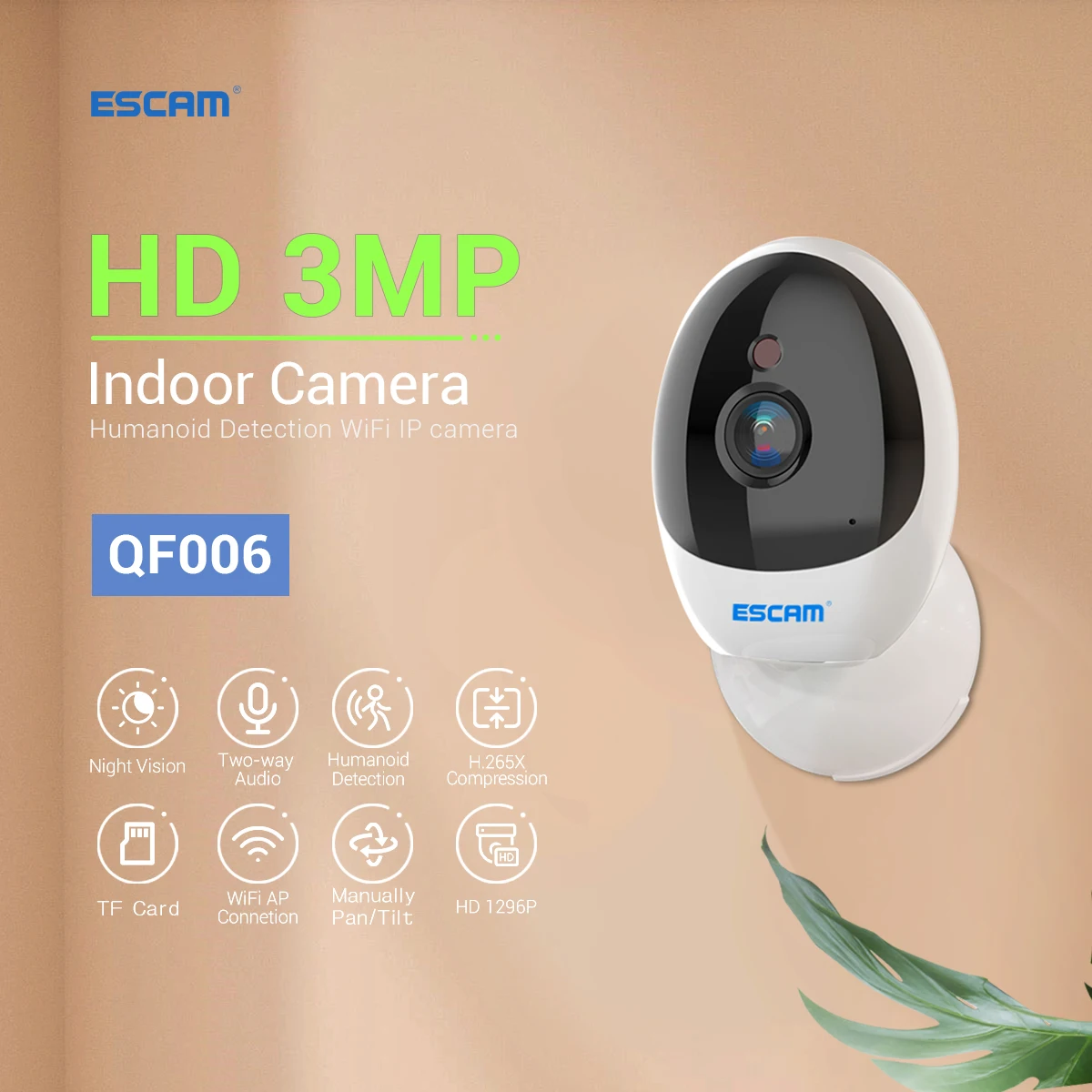 ESCAM QF006 3MP 1296P ICSEE APP IR Night Vision Wireless PTZ IP Camera Home Security Alarm Humanoid Detection CCTV Monitor 2022