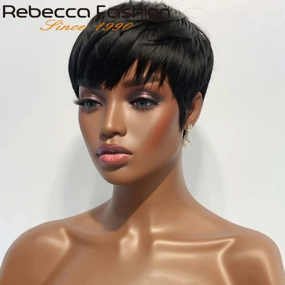 1B Pixie Short Cut Colored Straight Human Hair Wigs With Bangs Fringe Full Machine Made Wigs For Women Brazilian Natural Black human hair wigs