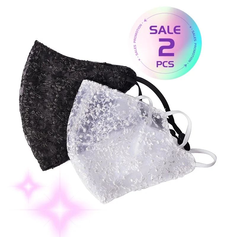 Face Mask 2PCS Lace Chiffon Facemask Spring Summer Embroidery Washable Dust Mask Women Fashion Adjustable Sunscreen Mask Face Accessories