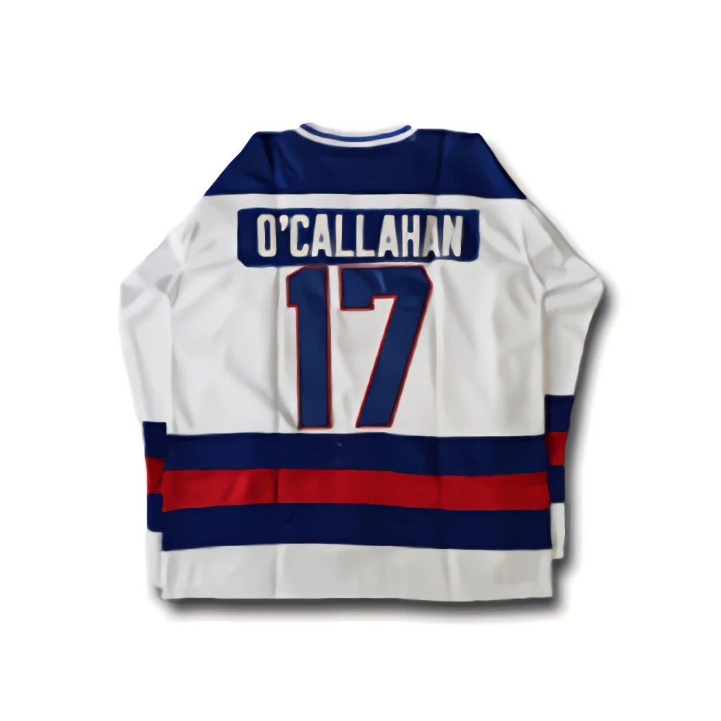 thumbnail image 1 of Camiseta de hockey cosida en azul y blanco del equipo de EE. UU. Miracle On Ice de 1980 con los números 30 de Jim Craig y 17 de Jack O'Callahan y 21 de Mike Eruzione, 1 of 5