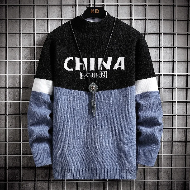 

#5920Winter Sweater Man CHINA FASHION Spliced Color Men's Knitted Pulloves Warm Slim Thick Knitted Sweater Male Half High Collar