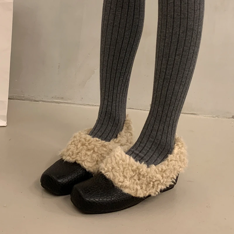 Aphixta 5cm Height Increasing Woman Casual Shoes Furry Slip On Square Toe Fashion Warm Woman Autumn Winter Flats Shoes