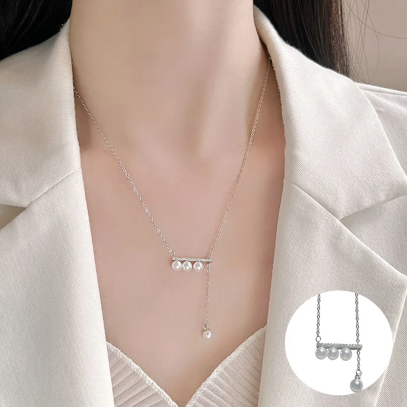

100% 925 Sterling Silver Pearl Geometric Necklace for Women Girl Vintage Round Tassel Design Jewelry Birthday Gift Dropshipping