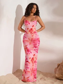 Women's Elegant Off-Shoulder Single-Shoulder Mermaid Dress, Pink Floral Print, Sleeveless A-Line Silhouette, Round Neck, Machine 1