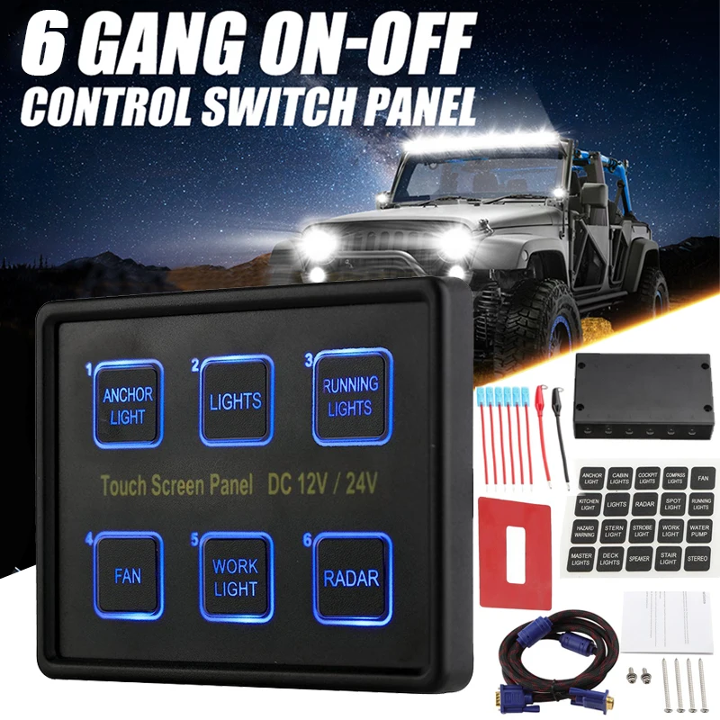 

12V 24V 6 Gang Blue LED Switch Panel Slim Touch Switch Control Panel Box Universal for Car Marine Boat Caravan
