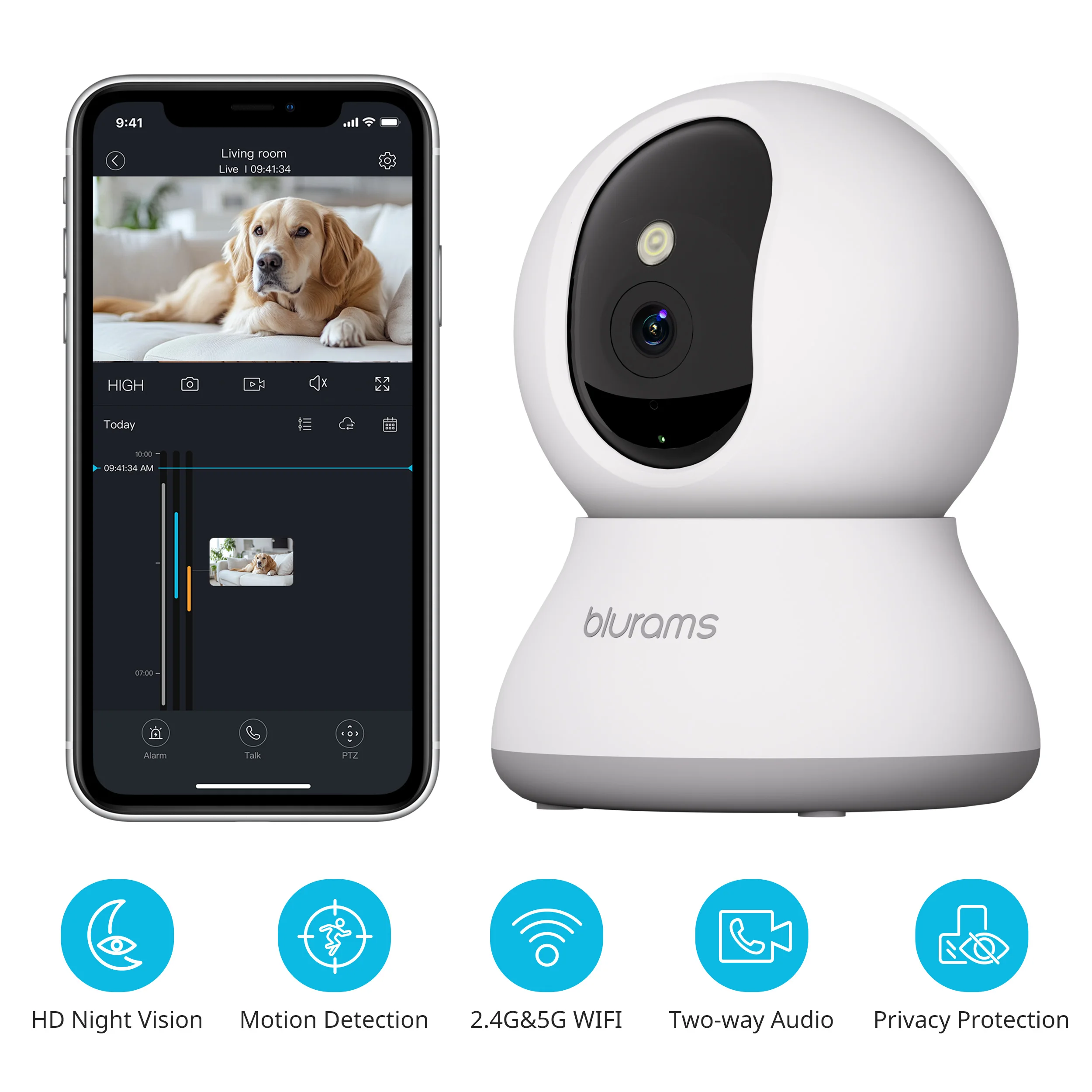 Caméra pour animaux de compagnie 2K, 360 ° Caméra de sécurité intérieure, caméra pour chien avec application téléphonique, caméras PTZ pour la sécurité de la maison intérieure, sans prise