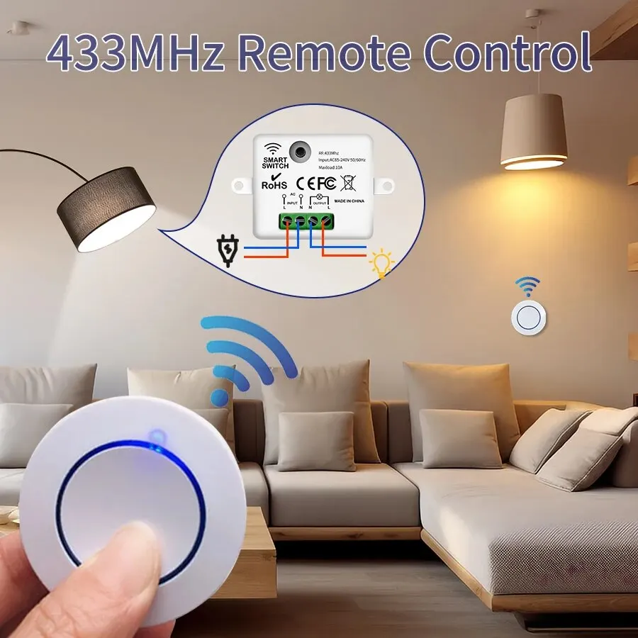 RF433Mhz Wireless Remote Control Light Switch 10A Relay Controller Mini Round Button Wall Panel Switch For LED Lamp AC100-240V