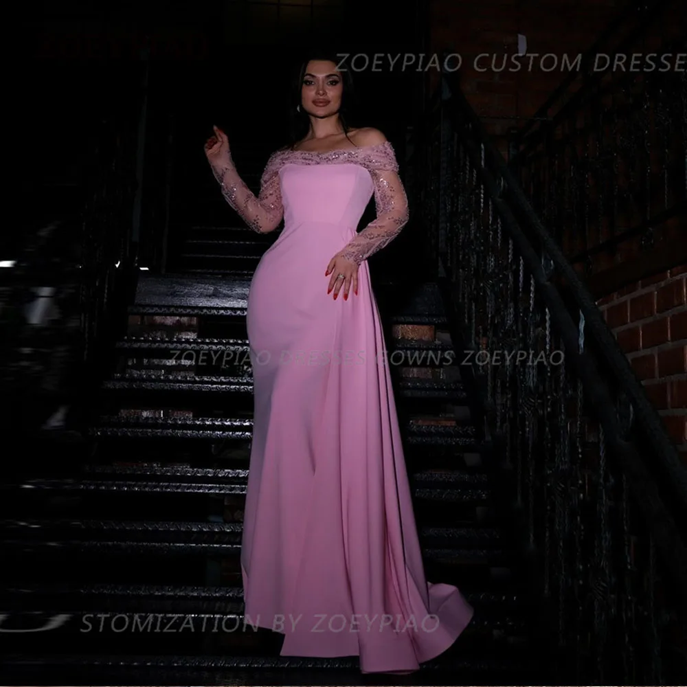 

Pink Long Sleeves Prom Dresses with Shiny Lace Ruched Vestidos De Fiesta Elegant Evening Dress Mermaid Birthday Party Gowns