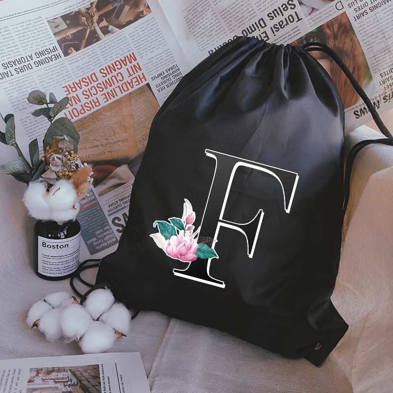 Girls Backpack Bookbag Simple Alphabet Flower Print Drawstring Bag Black Portable Customize Men Sport Bags Basketball Bag anime hunter x hunter print drawstring bag boys girls storage bags teenager casual backpack kids bookbag beach bags gift mochila