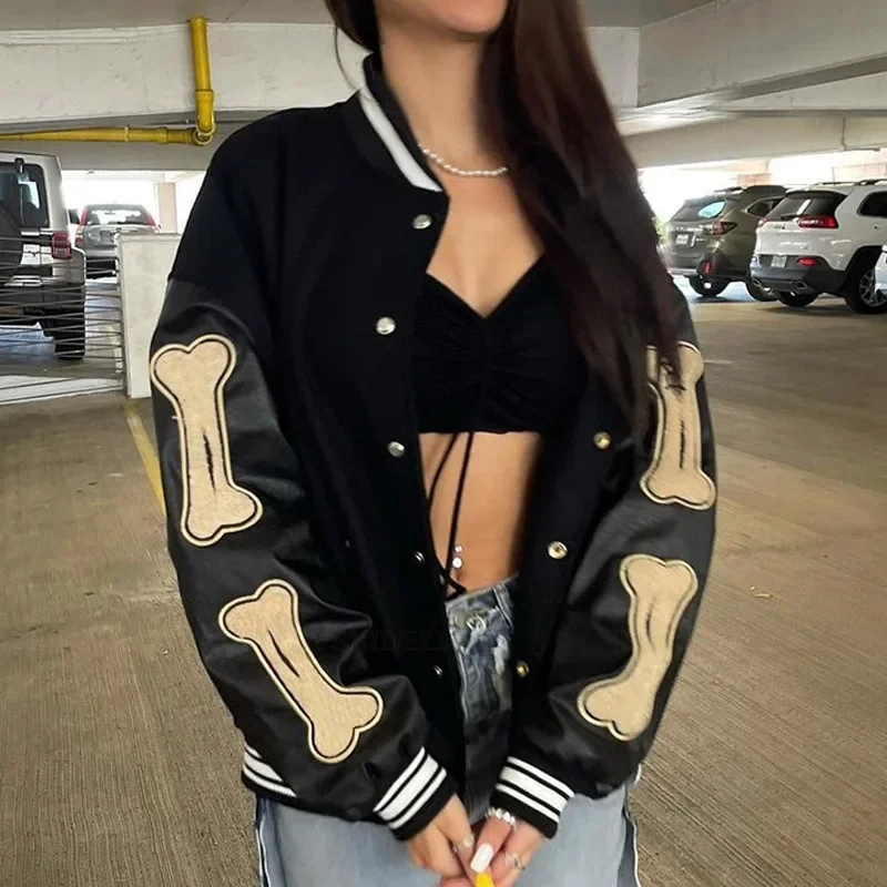 

Women's Baseball Jacket Leather Sleeve Patchwork Hip-hop Bone Embroidery Autumn and Winter New Thickened Jacket 2024 New YDL38