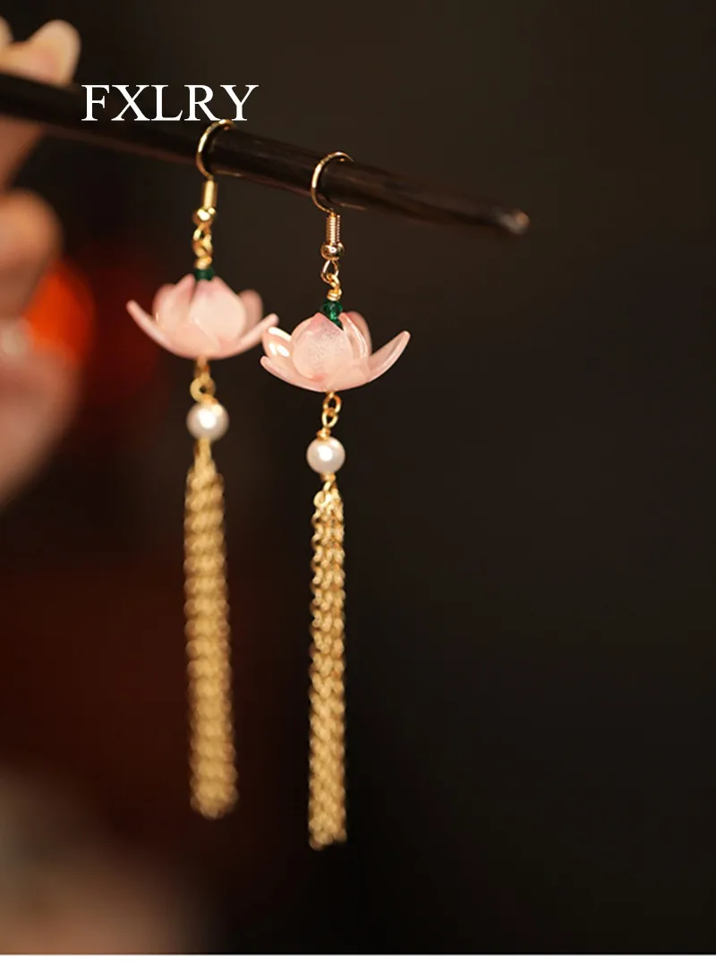 

FXLRY Original Design Handmade Pearl Long Fringed Lotus Earrings For Women Jewelry