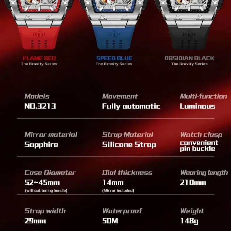 Original OUPINKE 3213 Men's Watches Tonneau Full Hollow out Automatic Men's Wristwatches Silicon Tape Man Watch TOP Brand Watch