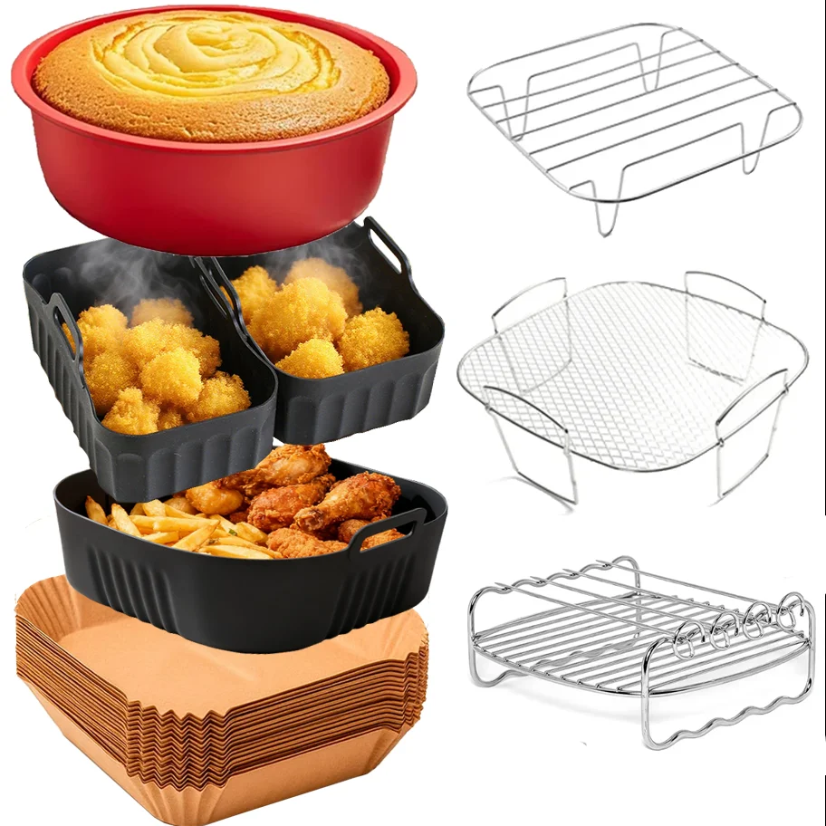 Square Silicone Air Fryer Mold,Round Cake Mold,20cm Air fryer Baking Paper and Grill Rack Air fryer Accesorios Square Silicone Air Fryer Mold,Round Cake Mold,20cm Air fryer Baking Paper and Grill Rack Air fryer Accesorios