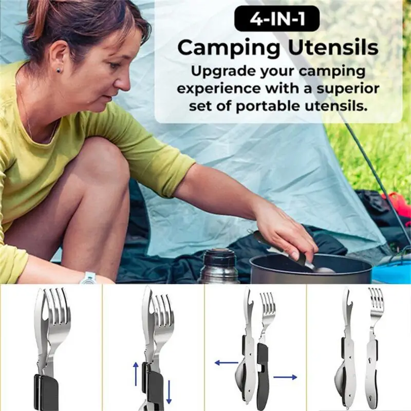 Camping Cutlery Set Stainless Steel 4-In-1 Foldable Tablespoon Set Spoon Knife Fork Bottle Opener Folding Pocket Kits Outdoor Camping Tableware Set