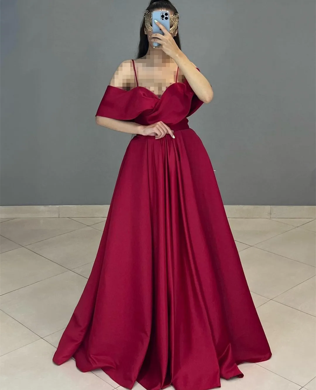 

Vintage Long Satin Off Shoulder Evening Dresses With Pockets A-Line Floor Length Prom Dresses With Pleats for Women