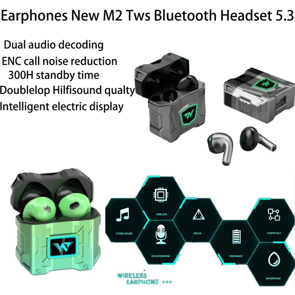 

Earphones New M2 Tws Bluetooth Headset 5.3 Dual audio decoding Noise Reduction Wireless K78 Intelligent display headphones
