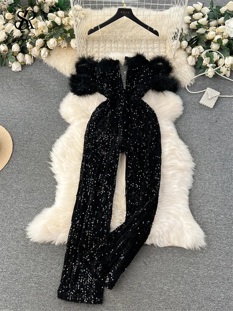 SINGREINY Autumn Elegant Sexy Black Jumpsuits 2023 Europen Fashion Off the Shoulder Feather Patchwork Sequins Slim Long Playsuit 1