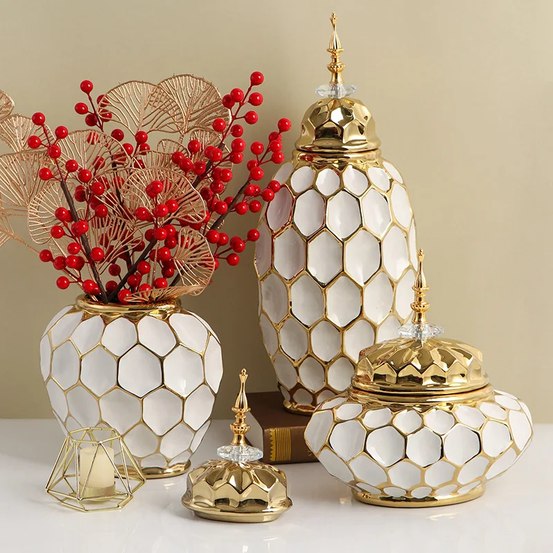 Ceramic Vase Porcelain Ginger Jar Gold Check Irregular Handicraft Storage Tank Flower Vase Home Decoration Accessories