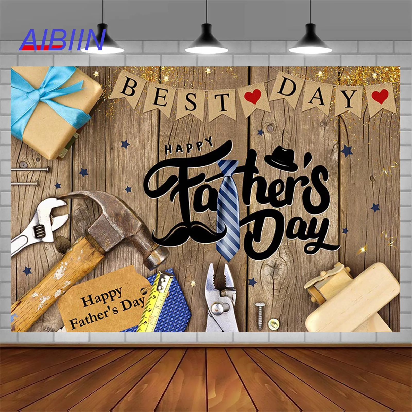 

AIBIIN Happy Father's Day Photography Backdrop Tie Tools Best Day Wooden Background Party Decoration for Father Man