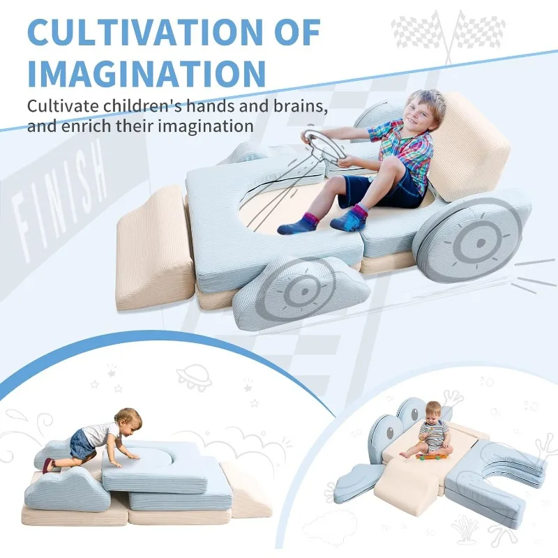 Modular Kids Play Couch 10PCS Kids Modular Couch Colorblocked Corduroy Modular Kids Couch Modular Couch Kids (Beige, Light Blue) 2