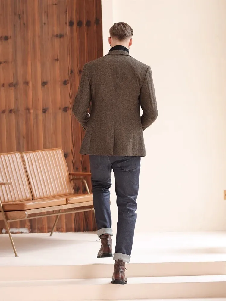 Herbst und Winter verdickter Retro-Anzug aus grober Wolle, Business-Casual, britischer Stil, Anzugjacke mit Fischgrätenmuster für Herren – Detail 11