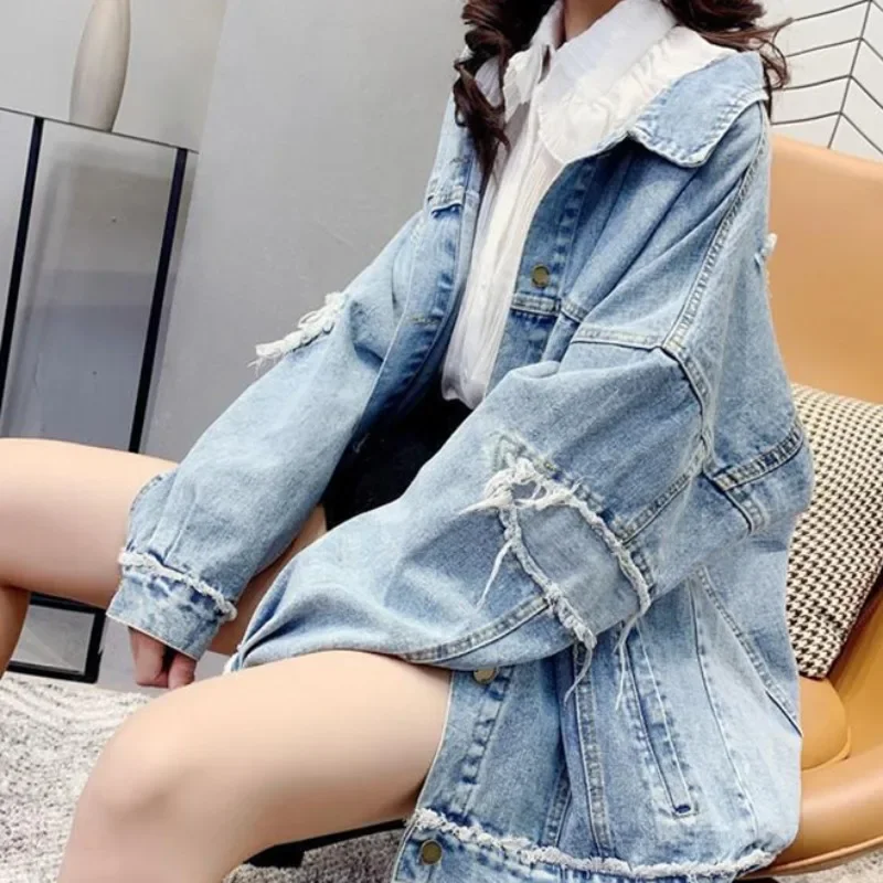 Fall Denim Wash FrayedCoat Women Long Slleve Jean Jacket 2023 New BF Style Casual Loose Denim Jackets Soild Oversize Outerwear