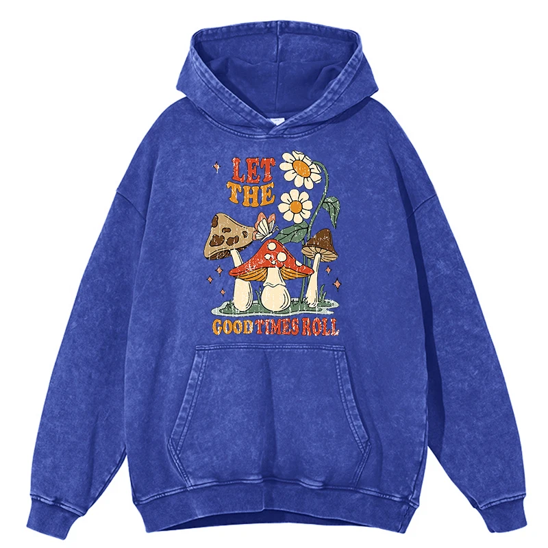 thumbnail image 1 of Sudadera con capucha para hombre estilo hip hop, 100 % algodón, de gran tamaño, holgada, con estampado retro desgastado, Let The Good Times Roll Mushroom Flower, 1 of 5