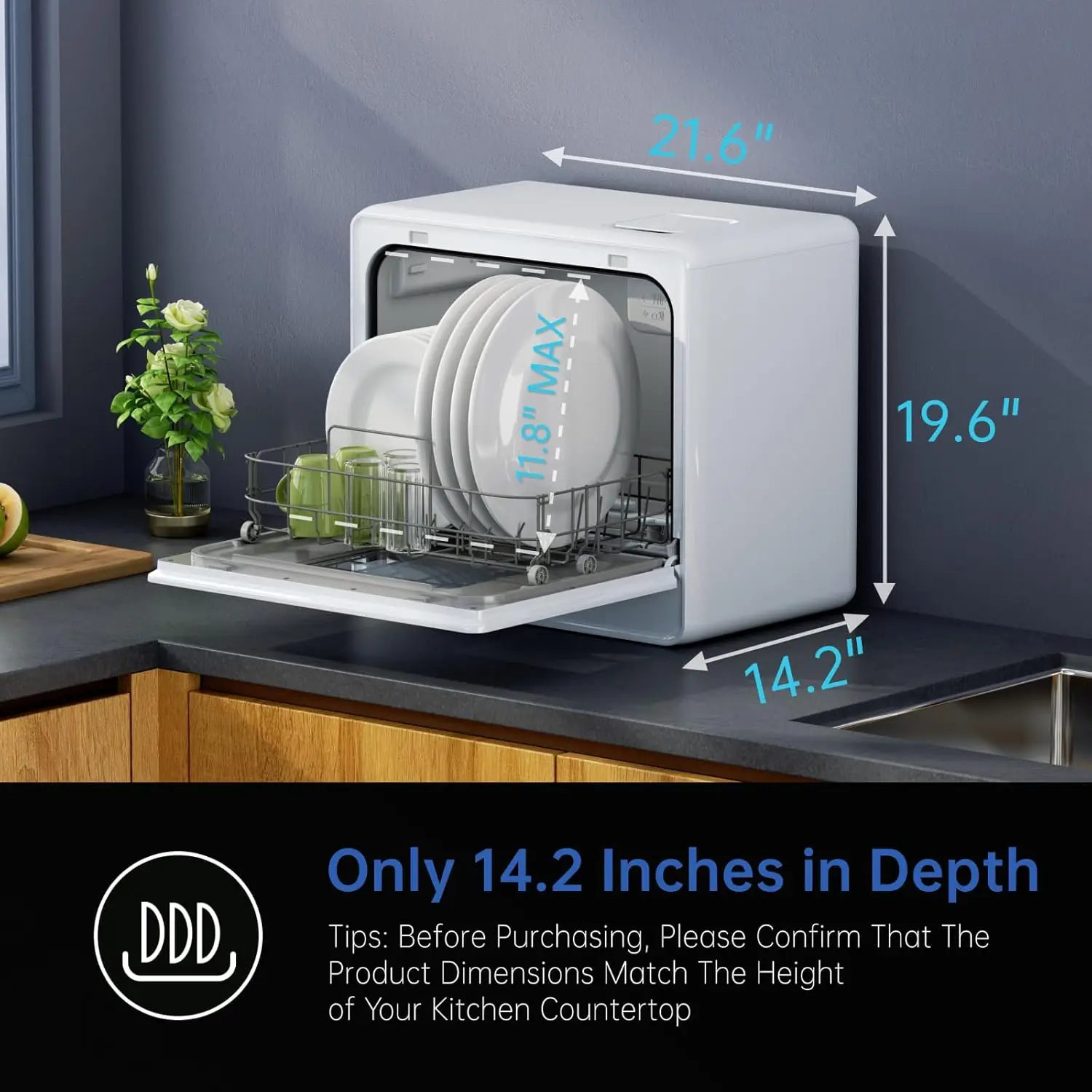 Countertop Dishwasher Complete 2-Level Rack, Portable Dishwashers with 5L Built-in Water Tank, 3-Spray Arms & 12H Delay Start, N 3