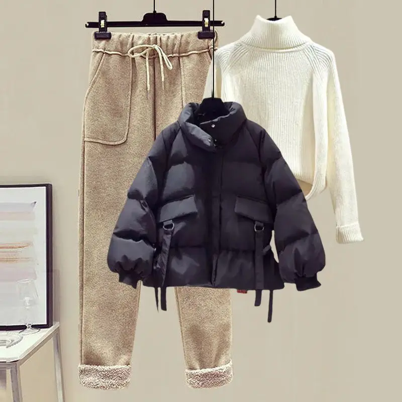 Fashion Women\'s Suit Autumn and Winter 2022 Short Down Cotton Coat Sweater Woolen Casual Pants Fashion Suit Three Piece Suit