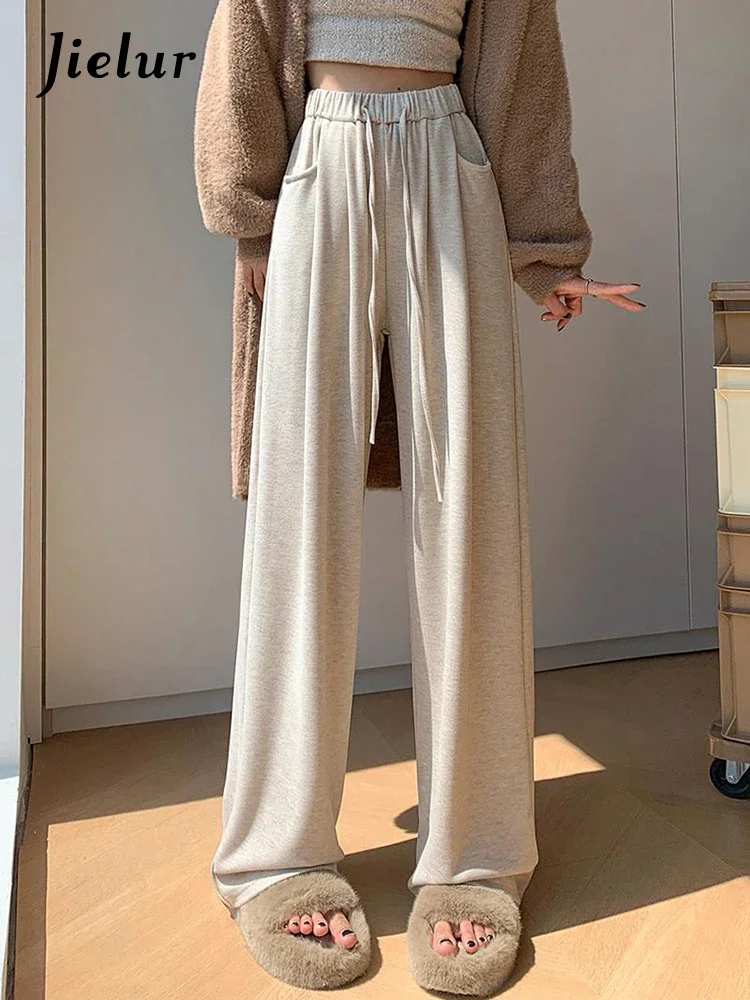 Jielur New High Waist Lace-up Female Wide Leg Pants Loose Solid Color Winter Casual Knitting Straight Women Trousers Streetwear