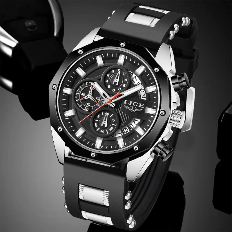 LIGE Brand Luxury Mens Watches Casual Quartz Watch Men Silicone Strap Military Chronograph 30M Waterproof Watch Montre Homme