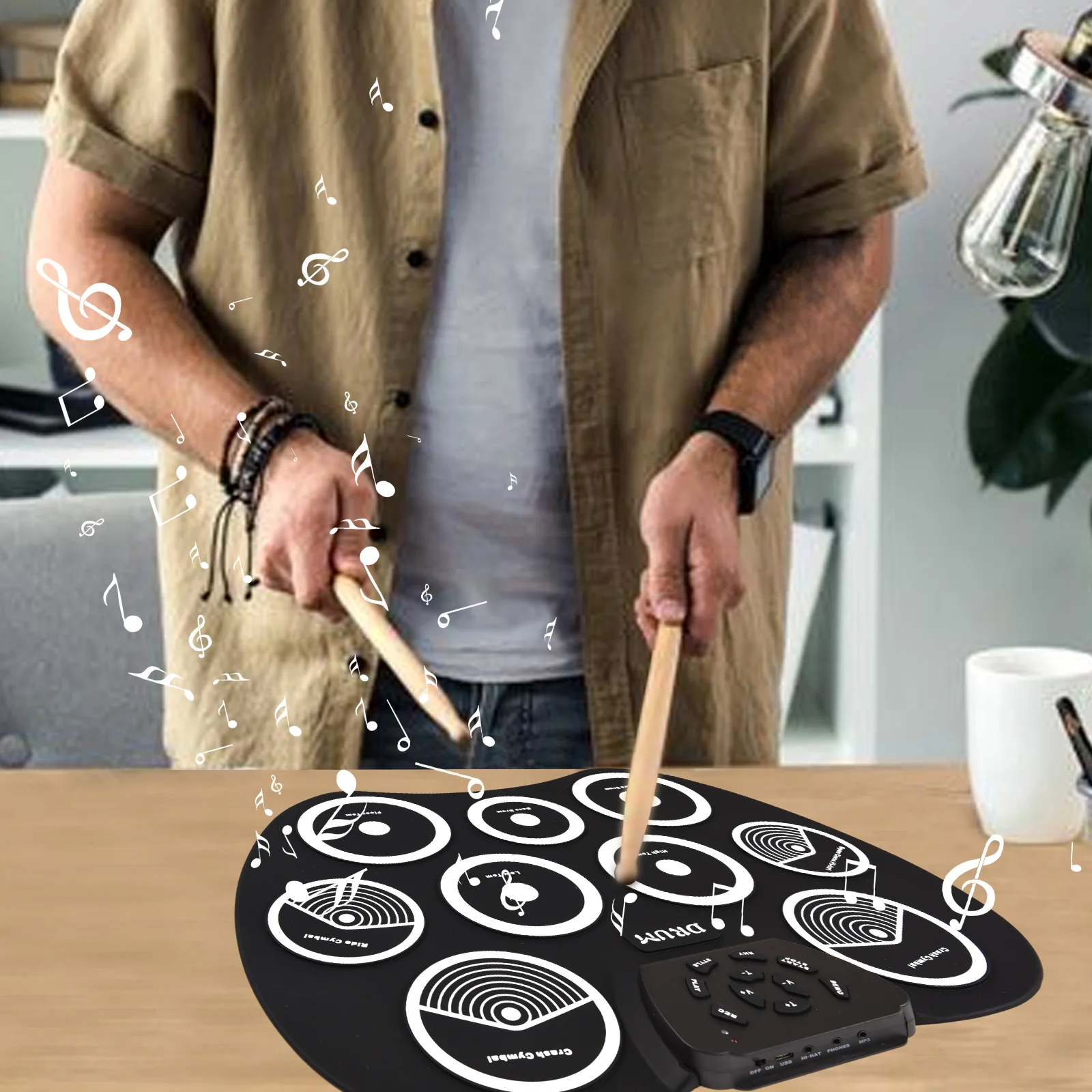 Electronic Drum Set Hand Roll Drum Set 9 Pads MIDI Interface Supports DTX Games without Speaker with Drumsticks Foot Pedal
