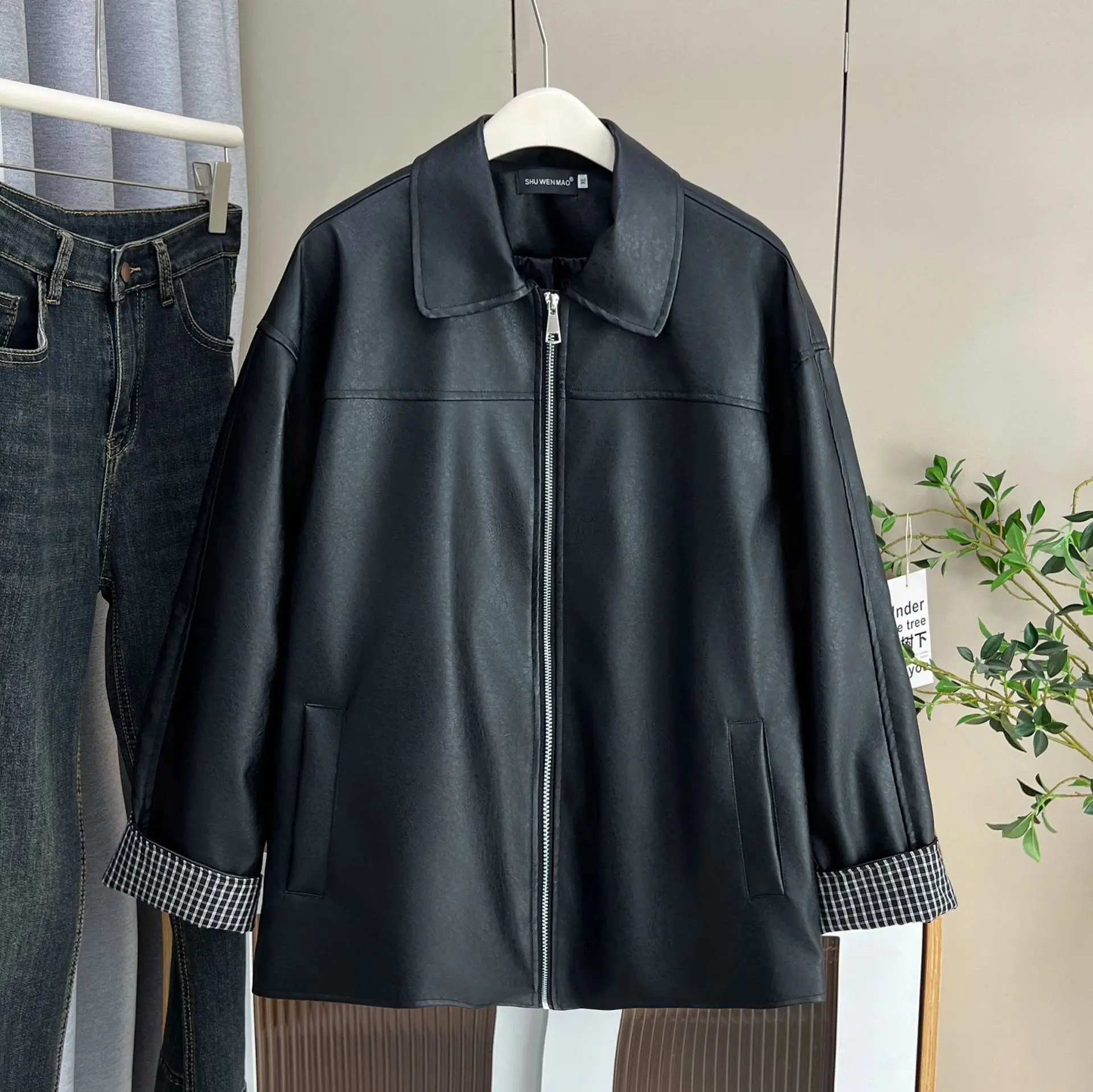 Fashion Plus Size Women's PU Leather Jacket Autumn New Style Plaid Cuffs Casual Loose Black Zipper Coat 2532