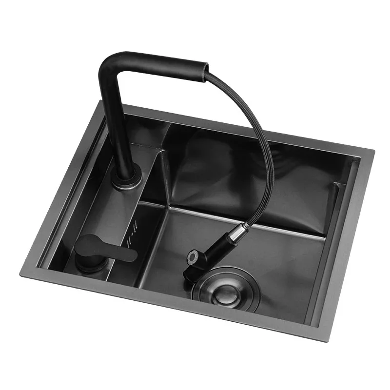 Nano Hidden Bar Kitchen Sink Black Folding Faucet Mini Small Single Bowl Wash Basin Stainless Steel Soap Dispenser Accessories