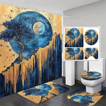 ชุดห้องน้ำธีมสวรรค์แสนสบายและไม่ซ้ำใคร 4 ชิ้น - ม่านอาบน้ำคุณภาพสูง พรมดูดซับกันลื่น และฝาชักโครก 1