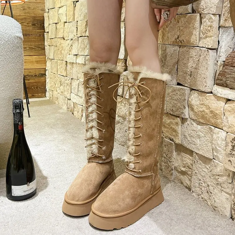 Platform Women's Boots New Winter Short Plush Warm Snow Boots High Top Lace Up Ladies Mid-calf Boots Fashion Casual Flats Shoes