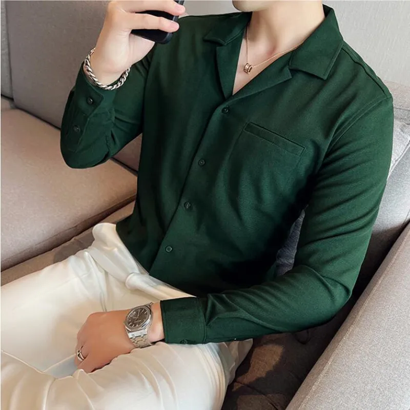 Men Shirt Spring Luxury Pockets V-Neck Stylish Long Sleeve Shirts Male Slim Fit Business Casual Office Dress Shirts Tops 4XL New