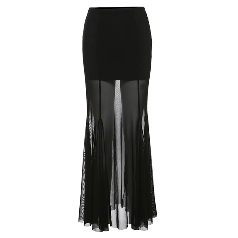 Elegant Skirt Women y2k Clothes See Through High Waist Fishtail Hem Mesh Bodycon Skirt 2000s Party Skirts Streetwear