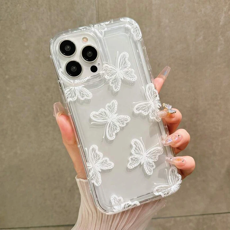 Cartoon White Butterfly Clear Case For iPhone 17 Air 16 15 14 13 12 16E 11 Pro Max 7 8 15 16 14 Plus Soft Cover With Air Cushion