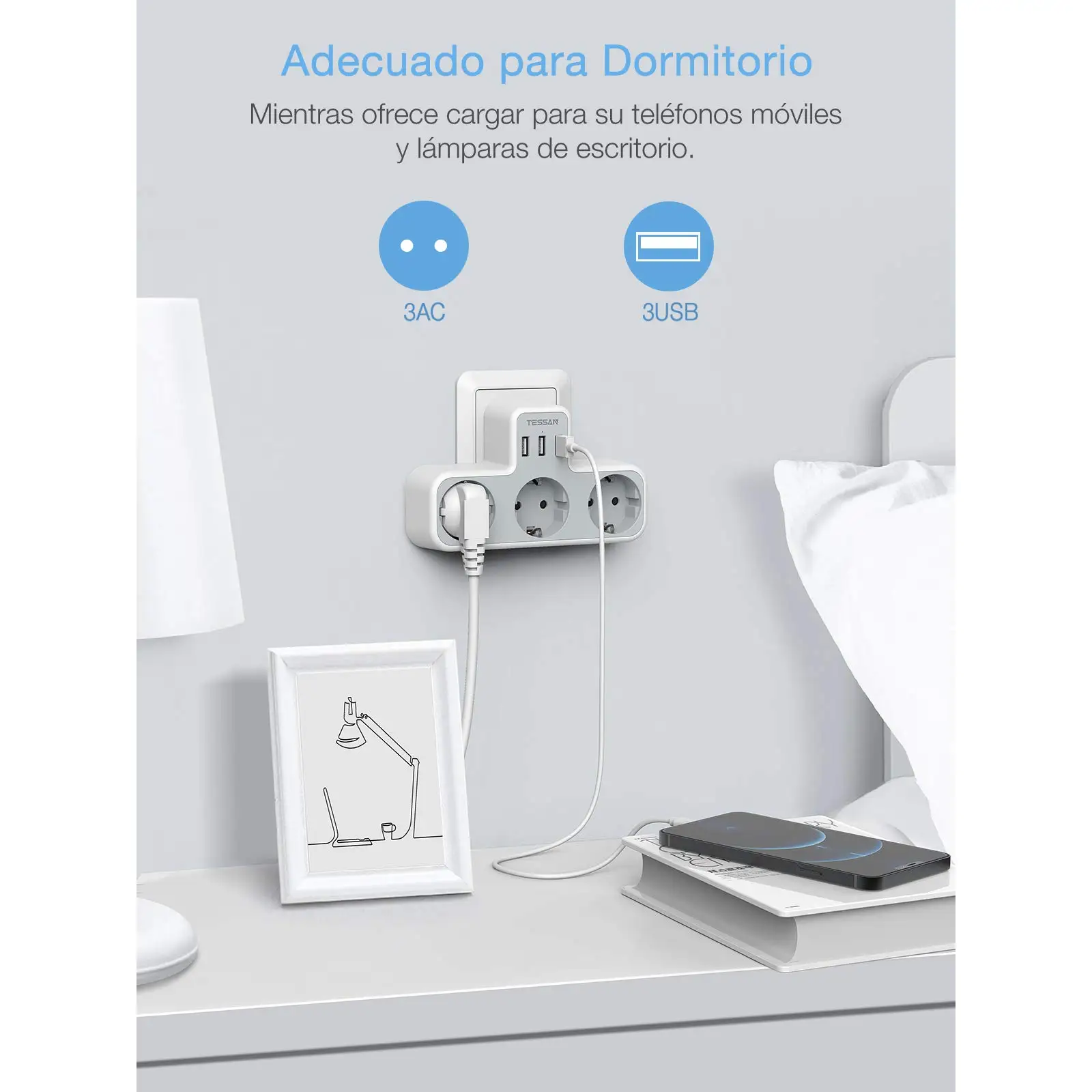 Power Strip Plug Adapter Electrical Socket Power Socket TESSAN Multiple Wall Socket 3 AC Outlets & 3 USB Ports 6 in 1 USB Adapter with Overload Protection for Smartphone Tablet