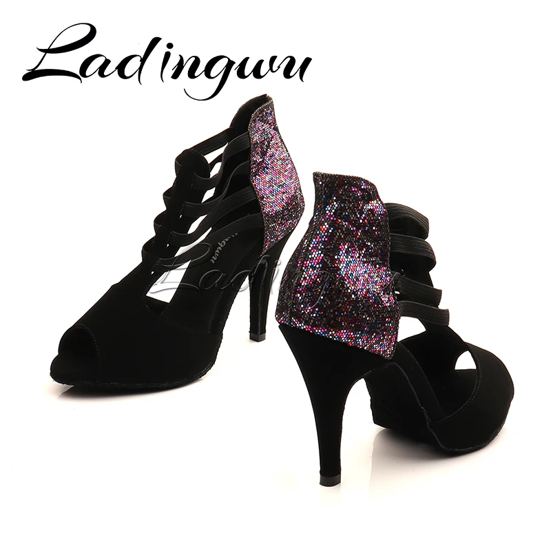 Ladingwu Stretch Rubber Band and Ankle Dance Boots Ballroom Tango Salsa Dance Shoes Women Latin Shoes