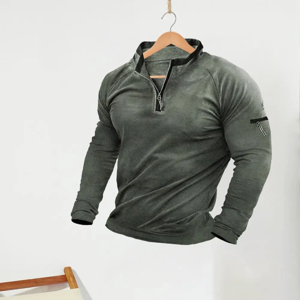 Description Picture 3 of itemFall Winter Men Sweatshirt Stand Collar Zipper Decor Solid Color Long Sleeve Thick Casual Pullover Patchwork Men Mid Length Top