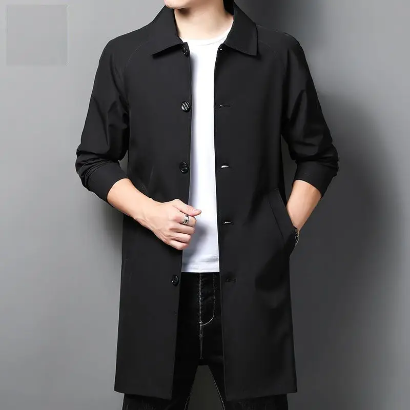 Spring Autumn Solid Color Turn-down Collar Long Sleeve Windbreaker Man High Street Casual Mid-length Button Pocket Cardigan