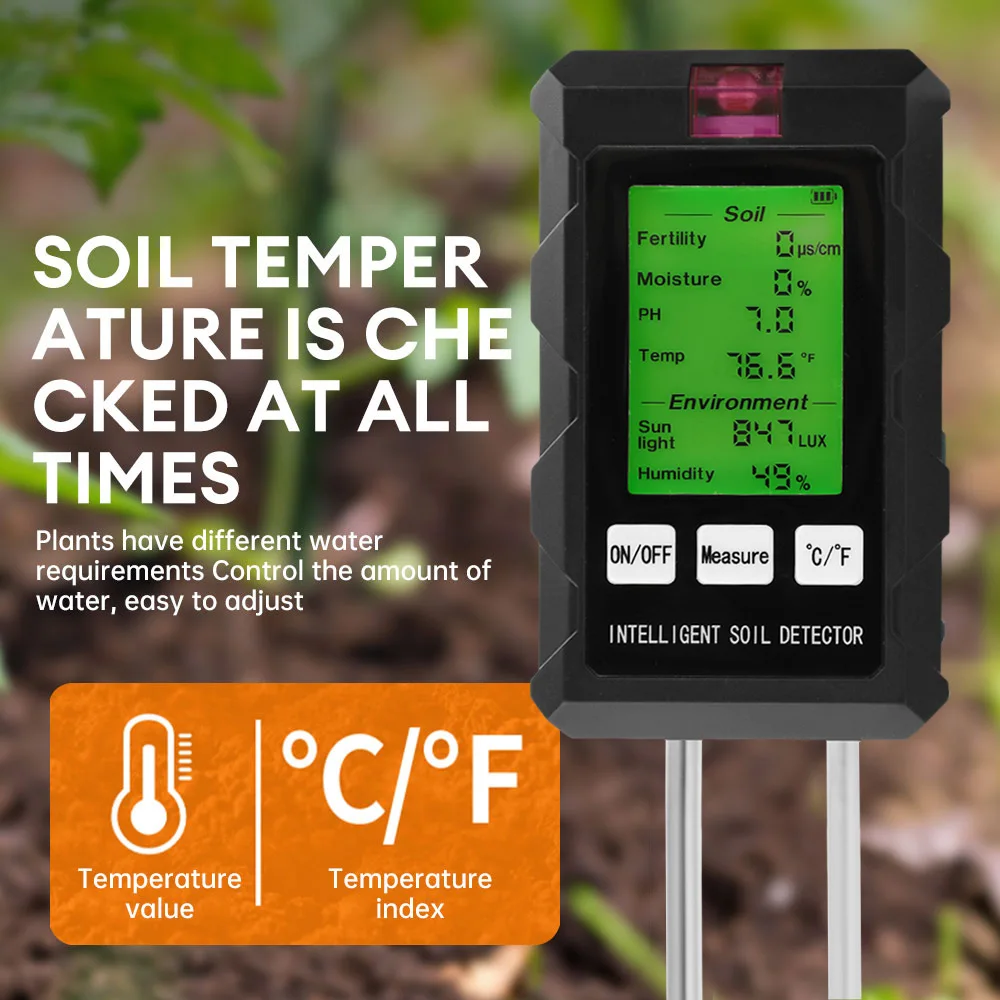 6-in-1 Soil Tester For pH Moisture Light Temperature Fertility Humidity/Rotatable Screen/Battery Powered